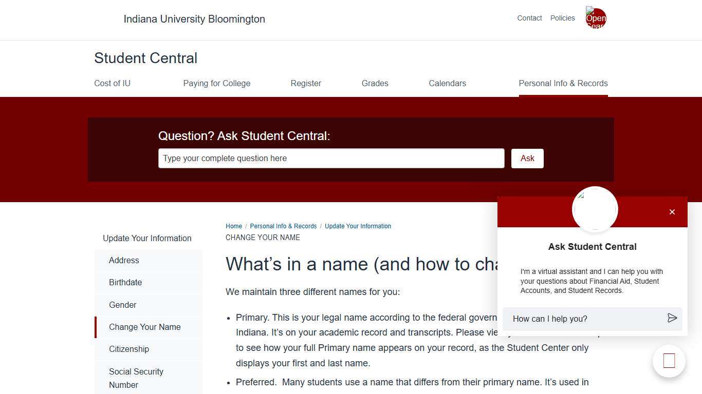 Change Your Name: Update Your Information: Personal Info & Records: Student Central: Indiana University Bloomington