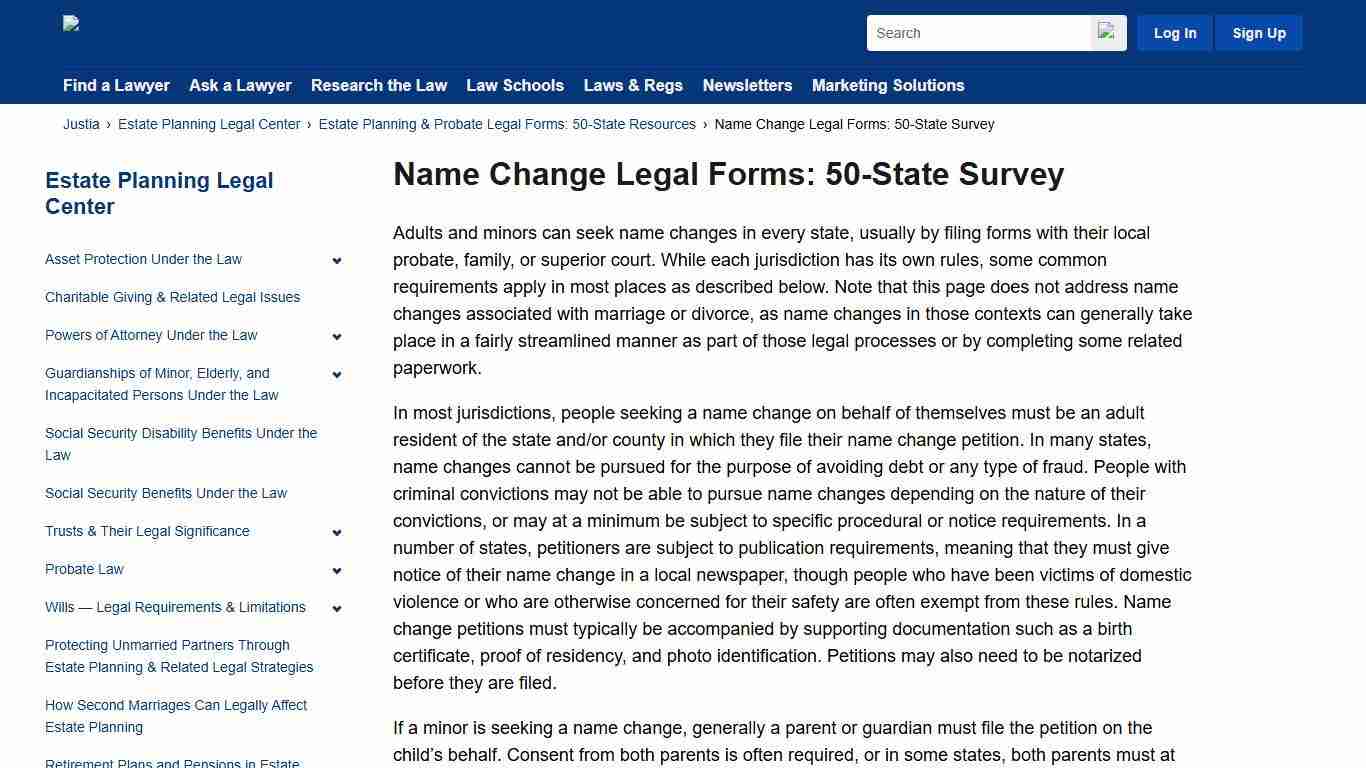 Name Change Legal Forms: 50-State Survey Estate Planning Legal Center Justia